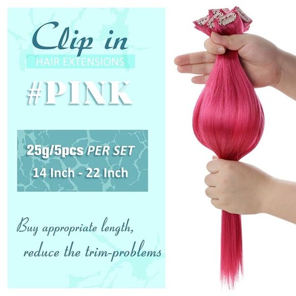 16" 100% Human Hair Clip In Extensions 5pcs 25g HOT PINK - Picture 3 of 9